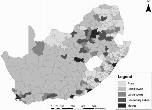 Figure 1. Location of secondary cities within the South African settlement hierarchy.