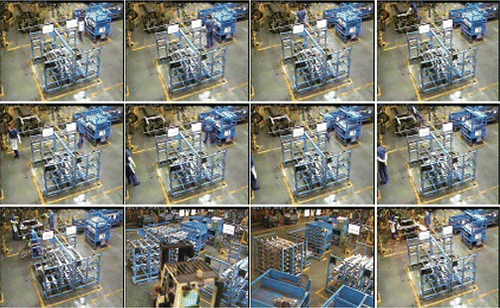 FIGURE 1 Sequences from our industrial environment dataset. Object tracking as well as activity recognition is extremely challenging due to occlusions, low resolution, and high intraclass and low interclass variance. The first two rows depict two different activities that are executed during the production cycle: their resemblance is so high, that they would be difficult to distinguish even for the human eye; the third row shows some example frames of occlusions, outliers, sparks, abnormalities, etc. (Figure is provided in color online.)