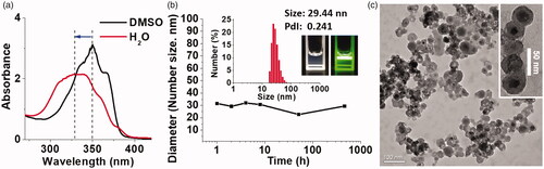 Figure 2. UV-vis spectra of OEG-DPH with the concentration of 100 μg/mL in DMSO and water (a). Plots of the mean micelle size in different standing time (b). Insert: graph of the size distribution in DLS measurement, photos of the micelles in aqueous solution with Tyndall effect. TEM image of OEG-DPH micelles (c). Insert: magnified core-shell structure image of the micelles.