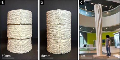 Figure 11. (a) Uncorrected and (b) corrected cylinders with 20 layers and 100 mm diameter stacked vertically. (c) Example of a large-scale 3D print design measuring 5 m tall, comprised of 50 segments.