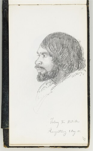 Figure 8. Eugene von Guérard, Johny [sic] the Artiste Kangatong 8 Aug. 55, 1855. Folio 77, in volume 03: Sketchbook XXIV, No. 6 Australia, 1855, pencil, 9.8 × 15.8 cm. Dixson Galleries, State Library of New South Wales, Sydney. Purchased 1970.
