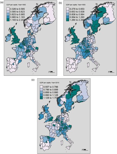 Figure 1. Per capita gross domestic product (GDP) in selected European Union (EU) regions, 1900–2010: GDP per capita for (a) 1900; (b) 1950; and (c) 2010.Note: The map illustrates the ratio of regional pcGDP to the EU average. Source: Authors’ elaboration on Roses and Wolf (Citation2019), a database that includes 173 NUTS-2 European regions.