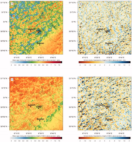 Fig. 8. Same as Figure 7, but for 12 UTC (panels a and b) and 15 UTC (panels c and d), 24 April 2013.