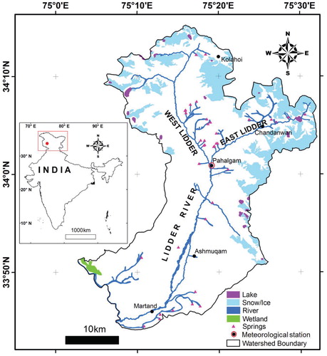 FIGURE 1. Location map of the study area. The snow cover is from IRS LISS III scene of 24 October 2005 with spatial resolution of 23.5 m. Note that elevation of Pahalgam meteorological station is 2196 m a.s.l.