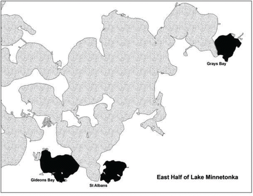Figure 1 Location of 3 bays on Lake Minnetonka, MN sampled as part of a large-scale demonstration project evaluating bay-wide applications of triclopyr for selective control of Eurasian watermilfoil. Both St. Albans and Grays bays are connected to the main lake by small narrow inlets, whereas Gideons Bay has a much broader connection to the main lake.