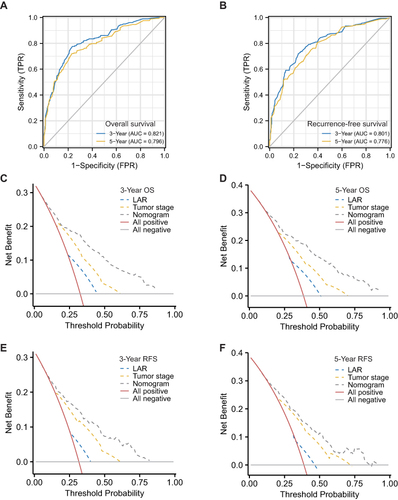 Figure 3 ROC curves and decision curve analyses of the nomogram for OS and RFS prediction. (A and B), ROC curves for OS (A) and RFS (B). (C and D), Decision curve analyses for 3-year (C) and 5-year (D) OS prediction. (E and F), Decision curve analyses for 3-year (E) and 5-year (F) RFS prediction.