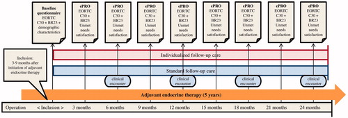 Figure 1. Timing of questionnaire distribution in standard follow-up and individualized follow-up care. Baseline questionnaires and ePROs were distributed to participants in both groups at each time point.