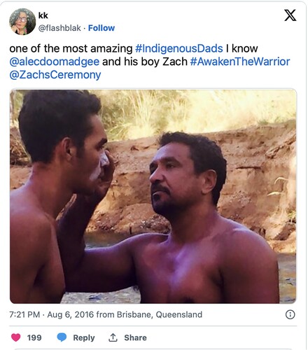 Figure 1. #IndigenousDads tweet, Alec and Zach Doomadgee (@flashblak, 6 August 2016). Source: Reproduced with permission.