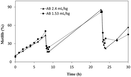 Figure 6. Comparison of repeated injections of AB solution (2.6 mM) with injection volumes of 2.4 and 1.53 ml/kg body weight.