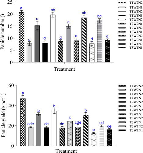 Figure 6. Panicle number and yield of irrigated rice under the different temperature, nitrogen and water treatments. T1, T2, T3, are temperatures at 33, 34 and 36°, respectively. W1, W2, are intermittent watering and continous flooding respectively, while N1 and N2 are control and 90 kg N ha−1.