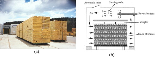 Figure 1. Wood drying kiln (a) and schematic end view of the kiln inside configuration (b).