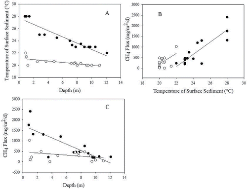 Figure 3. Linear regression between temperature of surface sediment and depth (summer r2 = 0.88, P < 0.0001 and winter r2 = 0.51, P < 0.0001) (A); ebullition emissions and temperature of surface sediment (summer r2 = 0.74, P < 0.001 and winter r2 = 0.28, P < 0.001) (B); and depth (summer r2 = 0.62, P < 0.001 and winter not significant P > 0.05) (C) at Pampulha Reservoir during summer (black circles) and winter (open circles).