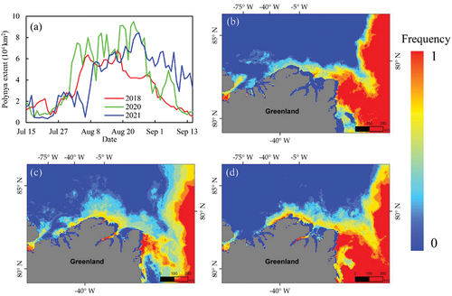 Figure 13. (a) time series of the polynya extent oriented from SR-SIC during the period from 15 July to 15 September for 2018 (red line), 2020 (green line), and 2021 (blue line). The spatial frequency maps of polynya occurrence during the period from 15 July to 15 September for (b) 2018, (c) 2020, and (d) 2021.