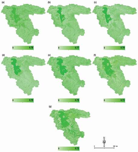 Figure 10. RF Spatial uncertainty assessment results for LULC maps based on the DST method: a) 2020, b) 2015, c) 2010, d) 2005, e) 2000, f) 1995 and g) 1990