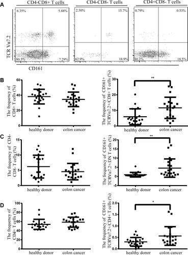 Figure 1 Frequency and phenotype of MAIT cells in the peripheral blood of colon cancer patients and healthy donors. (A) CD161+TCR Vα7.2+ cells were gated on CD3+CD4−CD8+, CD3+CD4−CD8− and CD3+CD4+CD8− groups between two groups. (B) The percentages of CD8+ T cells and CD8+ MAIT cells. (C) The percentages of CD4−CD8− T cells and CD4−CD8− MAIT cells. (D) The percentages of CD4+ T cells and CD4+ MAIT cells. Data were presented as mean ± SD. *P < 0.05, **P < 0.01, significantly different from the values in the healthy donors.