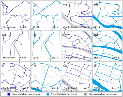 Figure 12. Detailed comparison of the selection results in regions a–f, as obtained using the stroke-based and proposed SRNS methods.