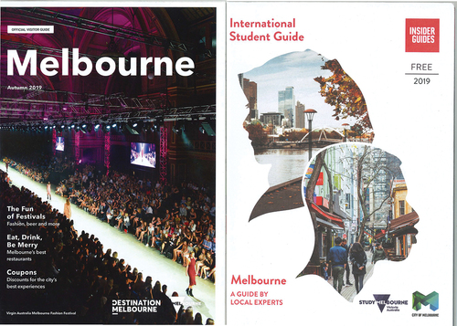 Figure 2. Melbourne’s Official Visitor Guide,Footnote27 and the International Student Guide.Footnote28 Printed brochure. Courtesy: City of Melbourne, Visit Melbourne and Insider Guides.