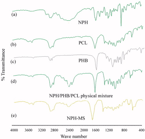 Figure 3. FTIR spectra of (a) NPH, (b) PCL, (c) PHB, (d) physical mixture, and (e) NPH-MS.