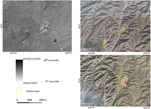 Figure 8. Example of a visual check with Google Earth, showing leveling activities in Biguiyuan development zone in 2002–2004: a) Factor values of the change detection between the scenes Oct 2001 – Oct 2004. b) The beginning phase of earthworks in 2002 [11/25/2002]; c) Shape of the development area in November 2004 [11/04/2004]. Differences in the brownish hues indicate the leveling area in the center of the picture.