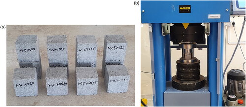 Figure 3. View of mortar cubes (a) Compression testing of cube specimen (b).