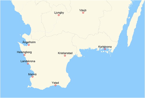 Figure 1. Geographical distribution of UROSCAN-sites in the Southern Healthcare Region in Sweden (Red indicators = Urologic unit with both outpatient clinic and where TURB are performed).