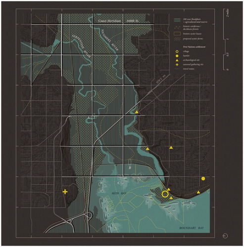 Figure 9. Map of the Surrey floodplain with an elevated grid of infrastructure, and past and proposed oyster farms. (Image by the author.)