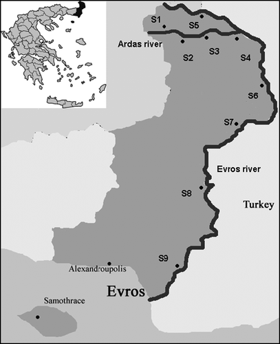 Figure 1.  Sampling stations at the Ardas and Evros rivers in the Evros region of Greece.