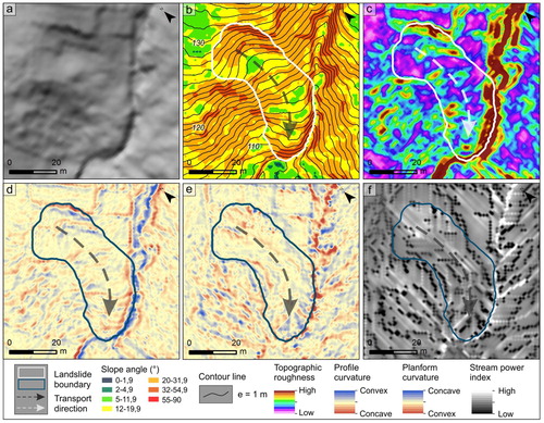 Figure 5. A representative example of the landslide topography identified in the pilot area on HR LiDAR derivatives: (a) the hillshade map (HM); (b) the contour line map (CM) over the slope map (SM); (c) the topographic roughness map (TRM); (d) the profile curvature map (PrM); (e) the planform curvature map (PlM); and (f) the stream power index map (SPIM).