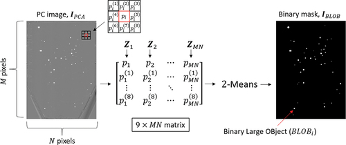 Figure 3. Schematic k-means procedure for a PC image, IPCA. The image is used to construct a 9×MN matrix, Z, where each column,Zi, represents a pixel value, pi, with its 8-connected neighbours, pi(1),…,pi(8). Then, considering each Zi, pixel pi∈[0,1] is assigned to nearest cluster centroid c0=0,…,0T (background) or c1=1,…,1T (foreground) by minimising the ED. This results in a binary image containing appurtenant BLOBs, IBLOB.