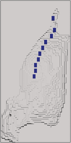 Figure 15. Plan view of the open pit denoting final ramp placement (dark blue).