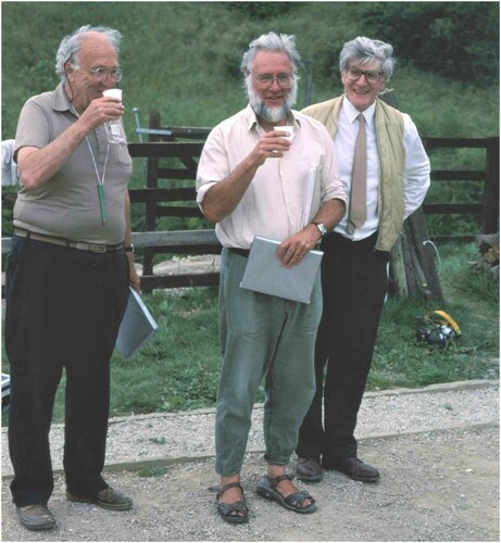 Figure 5. Chris Taylor (on right) with John Hurst (centre) and Maurice Beresford (left) at Wharram Percy July 1989 (Wharram Research Project).