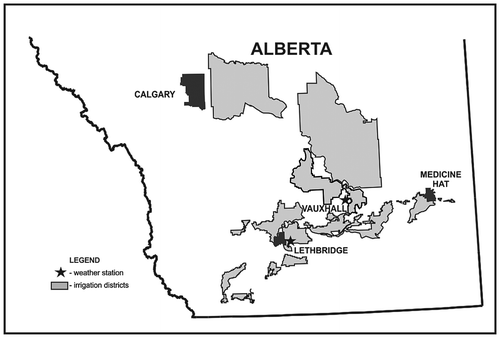 Figure 1. Weather stations at Lethbridge and Vauxhall in southern Alberta.