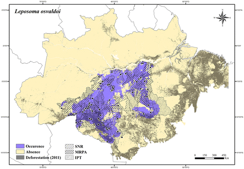 Figure 50. Occurrence area and records of Leposoma osvaldoi, showing the overlap with protected and deforested areas.