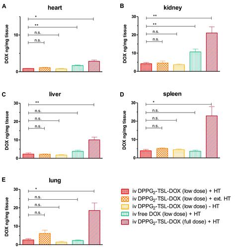 Figure 2 DOX concentrations per group in (A) heart, (B) kidney, (C) liver, (D) spleen and (E) lung. **p<0.01; *p < 0.05. Error bars represent standard error of mean.