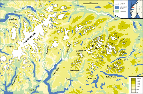 Figure 1 Location of the glacier forelands sampled: inset shows southern Norway. See Table 1 for key to numbered sites.