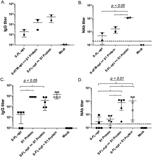 Figure 3. Relative immunogenicity studies in NZW rabbits. Animals were immunized three times at Weeks 0, 2 and 6 by intramuscular needle inoculations. Peak level (2 weeks after the last immunization) S-specific IgG titers (A & C) and NAb responses against pseudovirus (B & D) were measured either among DNA alone and DNA prime-protein boost approaches (A & B) or among DNA alone, protein alone, DNA prime-protein boost and co-delivery of DNA and protein approaches (C & D).