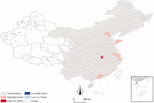 Figure 4 Local Moran’s cluster or outlier of LFDI distribution in China (2002).