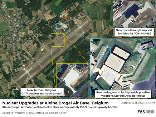 Figure 3. Nuclear upgrades as of April 2023 at Kleine Brogel Air Base, Belgium. (Credit: Airbus via Google Earth/Federation of American Scientists).