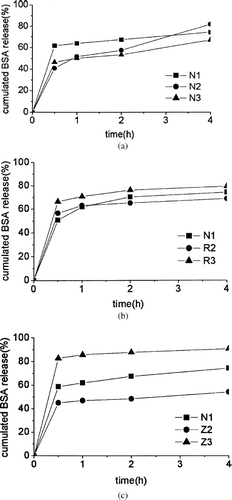 FIG. 5.  Release profiles of BSA nanoparticles in phosphate buffer at 37°C and pH 7.4 in 4 hr. (a) Effect of inner aqueous phase on BSA release profiles of PCEC nanoparticles: release profiles of N1, N2, and N3. (b) Effect of organic solvent on BSA release profiles of PCEC nanoparticles: Release profiles of N1, R2 and R3. (c) Release profiles of N1, Z2, and Z3.