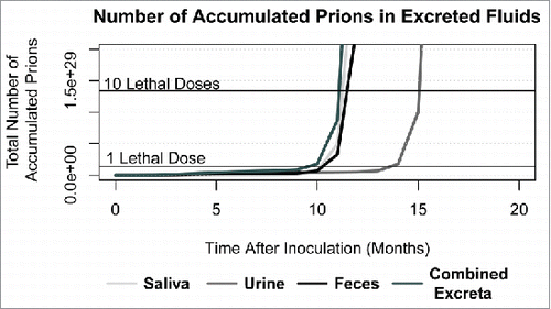 FIGURE 3. Predicted number of total accumulated prions in excreta (saliva, urine, feces, and a combined pool of all 3). Horizontal lines indicate the equivalent number of prions in one and 10 experimental intracerebral lethal doses (1.34 × 10Citation28,29 prions).