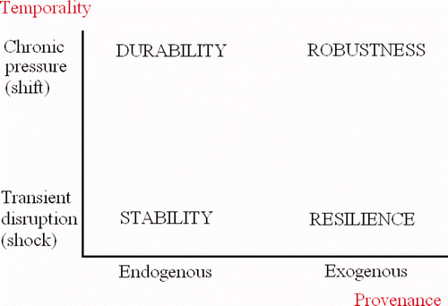 Figure 1. Dynamic system properties in terms of their relationship to the temporality (with the y-axis representing increasing time-scales) and provenance (exogenous or endogenous) of drivers and pressures which act upon a SES (adapted from Stirling Citation2007).