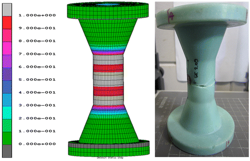 Figure 12. Comparison between the experimental observations and numerical results for the 1/0 loading ratio (uniaxial tension).