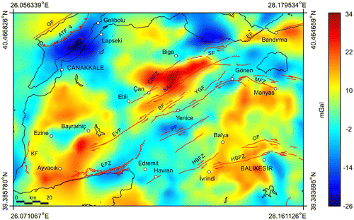 Figure 10. Residual gravity anomaly map of the study area. The overlapped active faults in Biga Peninsula are modified after Duru et al. (Citation2012). The overlapped faults in Gelibolu Peninsula are modified after Yaltırak et al. (Citation2000). Black lines show coastline. Abbreviations used for the faults are given in Figure 5.