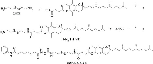 Scheme 1 Synthesis of SAHA-S-S-VE. Reagents: (a) step one: NaOH, H2O; (a) step two: CDI, CH2Cl2; (b) CDI, THF.Abbreviations: CDI, N,N′-carbonyldiimidazole; THF, tetrahydrofuran.