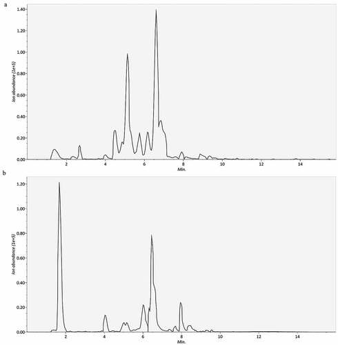 Figure 1. The chromatograms of positive and negative ions of the Xinshuaining decoction sample. (A) The chromatograms of positive ions of the Xinshuaining decoction sample. (B) The chromatograms of negative ions of the Xinshuaining decoction sample.