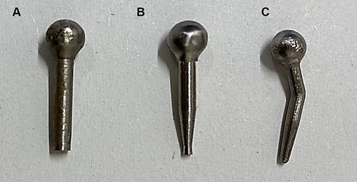 Figure 1 Implant designs. (A) Generation 1, (B) Generation 2, and (C) Generation 3.