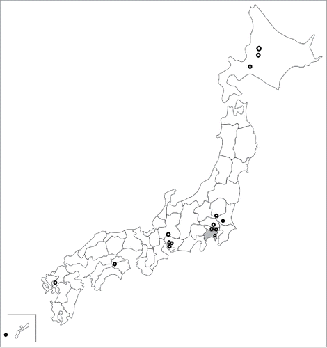 Figure 1. Distribution of local governments that provide their own compensation programs for cases of vaccine adverse reactions. The 15 circles represent municipalities, and the gray areas represent prefectures.