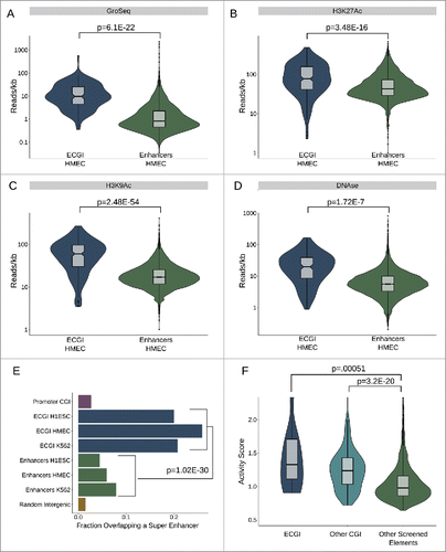 Figure 2. ECGI are stronger than CpG-poor enhancers (A-D) Nascent transcription and chromatin features associated with open/ active chromatin at ECGI and classical enhancers. Shown is the distribution of tag densities (reads/kb) of nascent transcription (GroSeq, MCF7 cells), active chromatin features (H3K27Ac, H3K9Ac ChIP-seq), or open chromatin (DNase-seq; HMEC cells) across genomic loci in each enhancer class. (E) Promoter CGI, ECGI, and classical enhancers active in the indicated cell type were overlapped with genomic regions called as super enhancers as defined by the super enhancer archive (SEA). Shown is the fraction of genomic loci in each class overlapping any super enhancer in SEA. (F) Distribution of enhancer activity scores, defined by the ratio of GFP reporter mRNA to DNA copy number in lentiMPRA (see Methods).