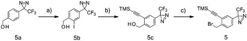 Scheme 2. Synthesis of intermediate 5. Reagents and conditions: (a) thallium(III) trifluoroacetate, TFA, NaI, CF3SO3H, H2O, 80 °C, 2h; (b) (trimethylsilyl)acetylene, CuI, TEA, PdCl2(PPh3)2, THF, rt, on; (c) Ph3P, CBr4, DCM, rt, on.