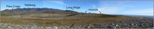 Figure 4. A panorama taken from the hummocky terrain at Skua Ridge, looking towards the interior of the island. Major landmarks and other glaciogenic features, such as mounds, are indicated. Refer to Figure 1 for place names and Figure 2 for an indication of how this region was mapped.